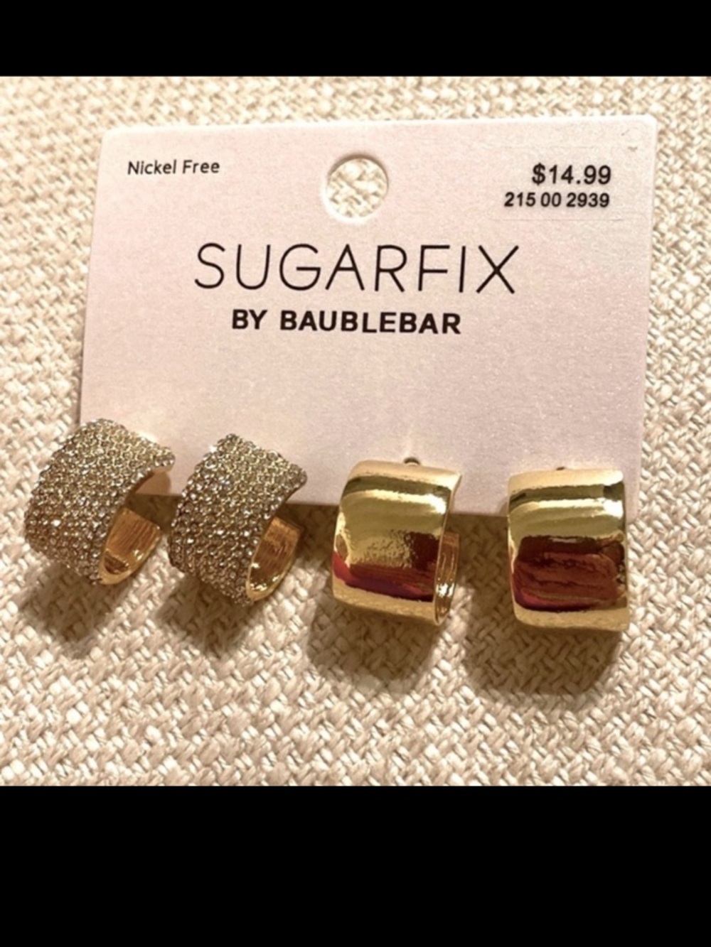 Earrings by Bauble Bar Two pairs. Gold and rhinestone. Wide C-hoop Post back NWT